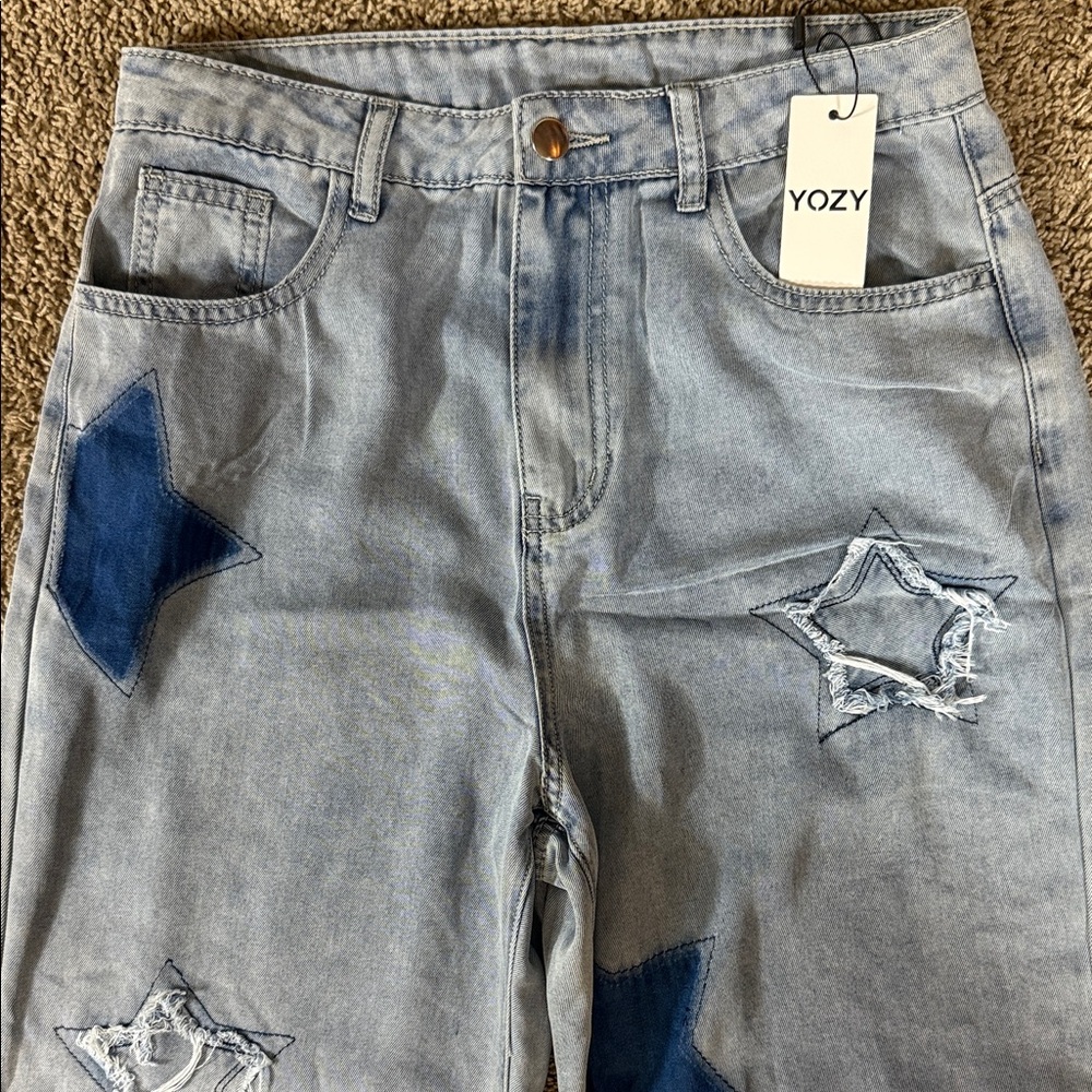 Yozy Blue Star Patch Women High Waist Wide Leg Jeans SKU1411 - Picture 3 of 16